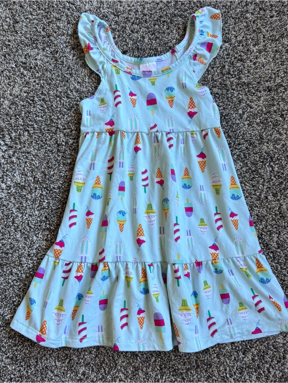 Girls Blue Ice Cream Print Ruffle Sleeve Dress